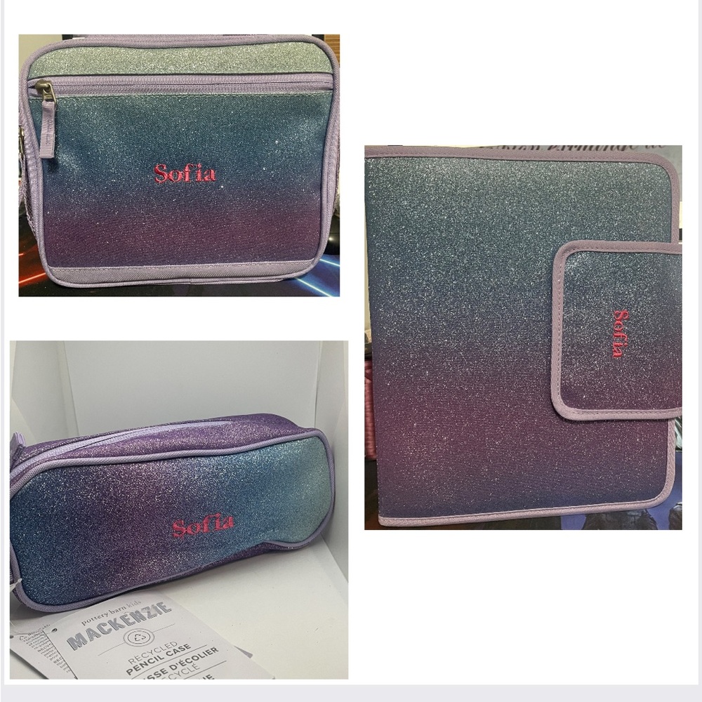 Pottery Barn "Sofia" Lavender/Aqua Ombre Sparkle Lunch Box, Pencil Case & Holder